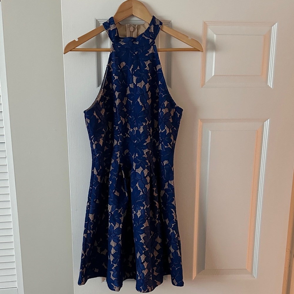 Lulu's Navy and Gold Halter Mini Dress